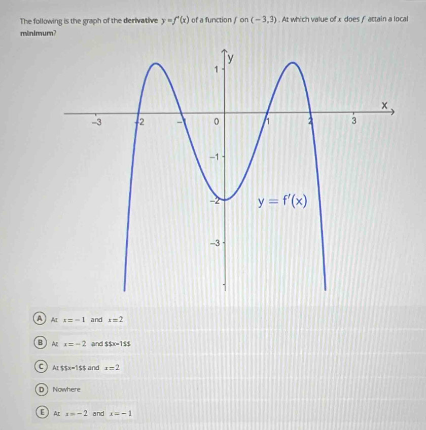 The following is the graph of the derivative y=f'(x) of a function ∫ on (-3,3). At which value of x does f attain a local
minimum?
AAr x=-1 and x=2
BA x=-2 and SSx=1ss
C AtSSx=1SS and x=2
DNowhere
EAt x=-2 and x=-1