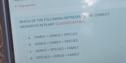 Flag question
WHICH OF THE FOLLOWING REPRESENTS THE CORRECT
HIERARCHY IN PLANT CLASSIFICATION?
a. FAMILY > GENUS > SPECIES
b. GENUS > FAMILY > SPECIES
c. GENUS > SPECIES > FAMILY
d. SPECIES > GENUS > FAMILY