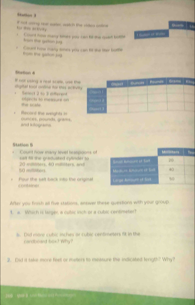 Station 3 
if not using real water, watch the vides online Querts LHg 
for this activity 
Count how many times you can fill the quart bottle 
1 Gallen of Water 
from the gallon jug. 
- Count how many times you can fill the liter bottle 
from the gallon jug. 
Station 4 
If not using a real scale, use th 
digital tool online for this activo 
Select 2 to 3 different 
objects to measure on 
the scale. 
Record the weights in
ounces, pounds, grams, 
and kilograms. 
Station 5 
Count how many level teaspoons ofa 
salt fill the graduated cylinder to
20 milliliters, 40 milliliters, and
50 milliliters
Pour the salt back into the original 
container 
After you finish all five stations, answer these questions with your group. 
1. a. Which is larger, a cubic inch or a cubic centimeter? 
b. Did more cubic inches or cubic centimeters fit in the 
cardboard box? Why? 
2. Did it take more feet or meters to measure the indicated length? Why? 
209 Uat 3 Und feths and Percentag