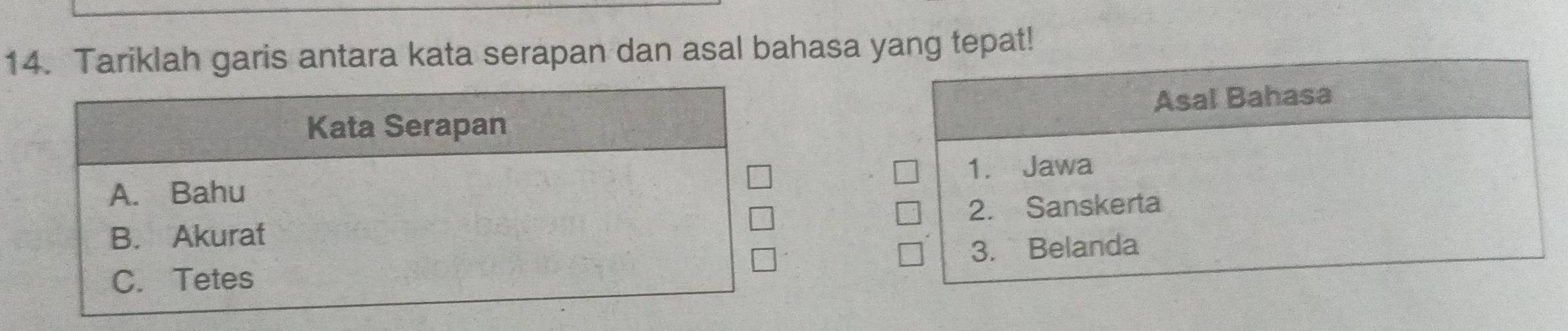 Tariklah garis antara kata serapan dan asal bahasa yang tepat!
Asal Bahasa
1. Jawa
2. Sanskerta
3. Belanda