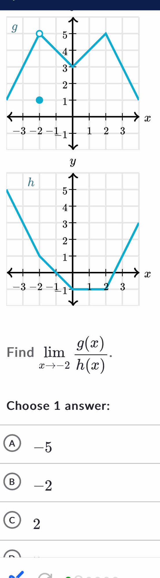 Find limlimits _xto -2 g(x)/h(x) . 
Choose 1 answer:
-5
B -2
C 2