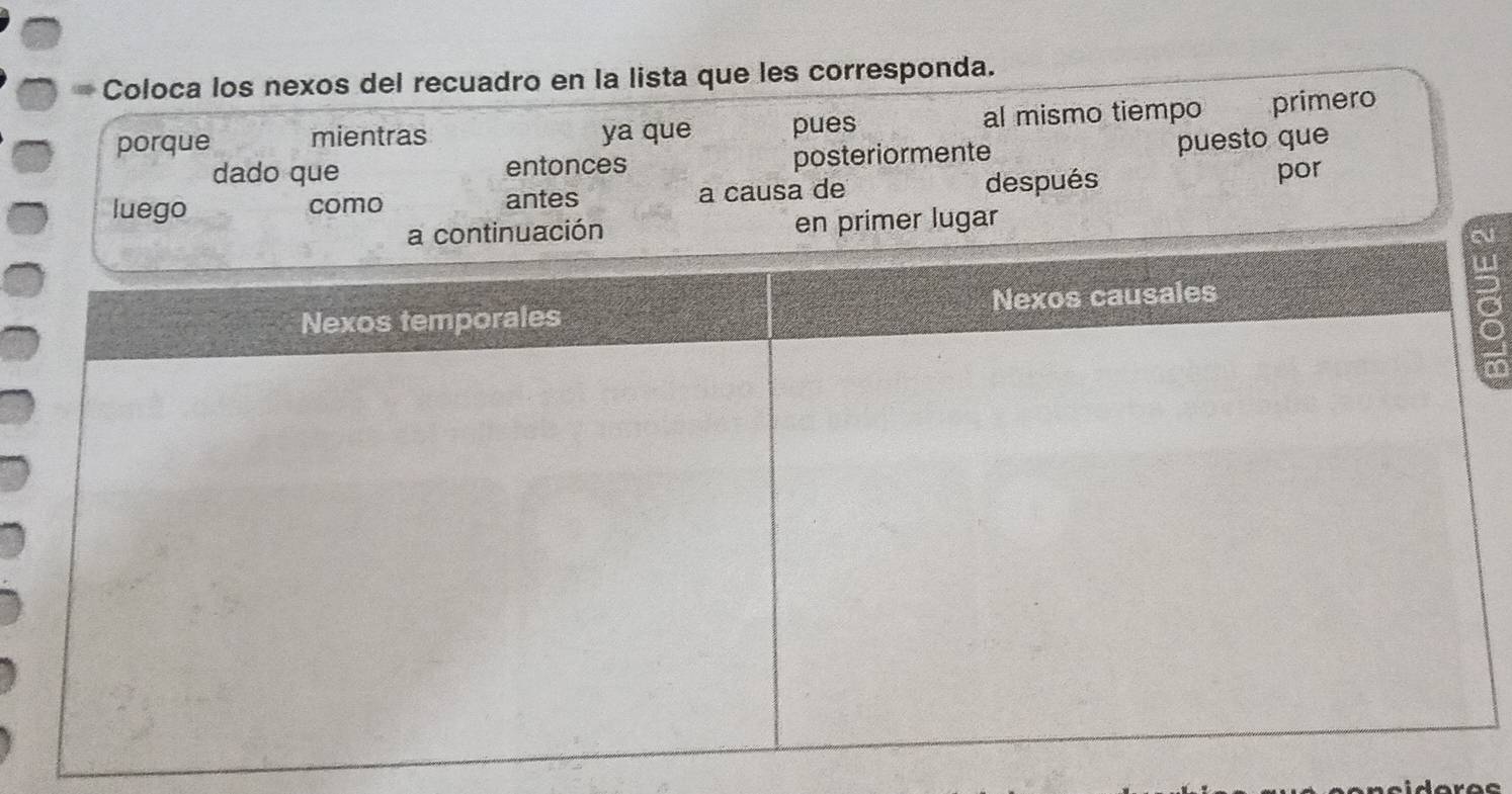 Coloca los nexos del recuadro en la lista que les corresponda.
porque mientras ya que pues al mismo tiempo primero
dado que entonces posteriormente
puesto que
luego como antes a causa de después
por
ontinuación en primer lugar
a