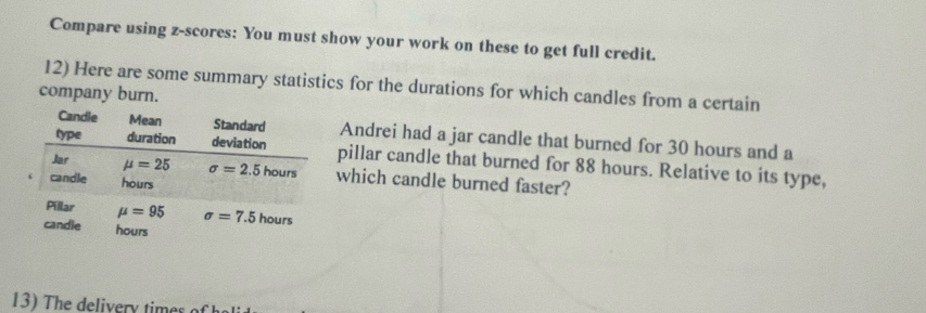 Compare using z-scores: You must show your work on these to get full credit.
12) Here are some summary statistics for the durations for which candles from a certain
company burn.
Andrei had a jar candle that burned for 30 hours and a
pillar candle that burned for 88 hours. Relative to its type,
which candle burned faster?
13) The delivery times of