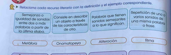 Relaciona cada recurso literario con la definición y el ejemplo correspondiente,
Semejanza o
igualdad de sonidos
Consiste en describir
entre dos o más un objeto a través Palabras que tienen
Repetición de uno a varios sonidos de
una misma palabra o frase.
palabras a partir de de las características sonidos semejantes a lo que significan.
la última sílaba. de otro.
Metáfora Onomatopeya Aliteración Rima