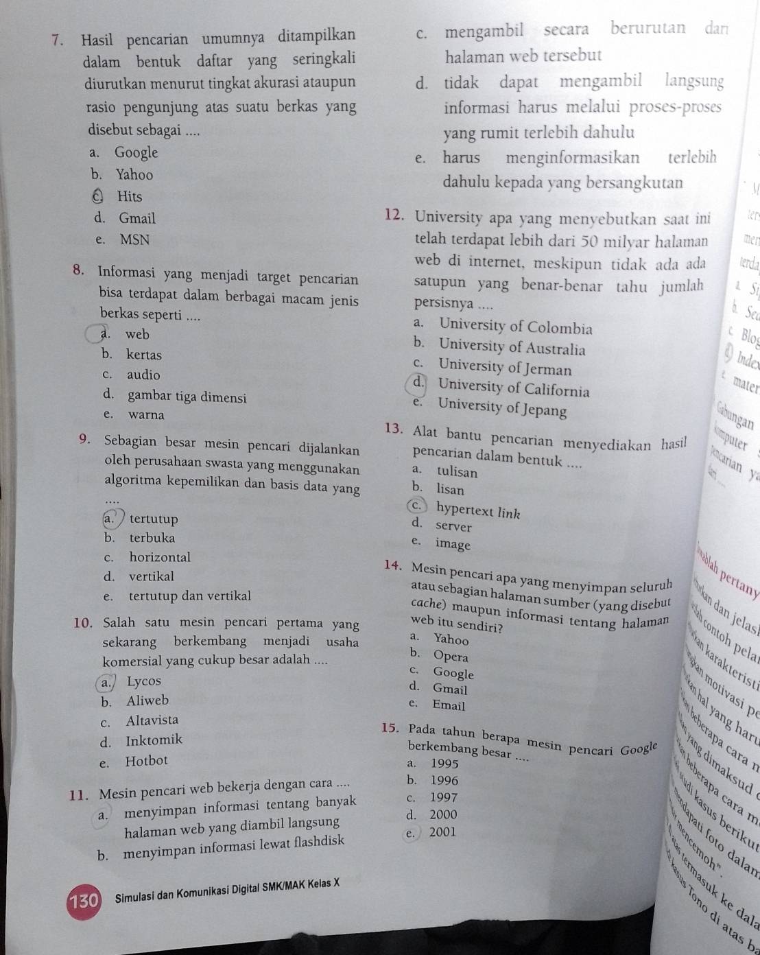 Hasil pencarian umumnya ditampilkan c. mengambil secara berurutan dari
dalam bentuk daftar yang seringkali halaman web tersebut
diurutkan menurut tingkat akurasi ataupun d. tidak dapat mengambil langsung
rasio pengunjung atas suatu berkas yang informasi harus melalui proses-proses
disebut sebagai ....
yang rumit terlebih dahulu
a. Google
e. harus menginformasikan terlebih
b. Yahoo
dahulu kepada yang bersangkutan
Hits
d. Gmail 12. University apa yang menyebutkan saat ini ter
e. MSN telah terdapat lebih dari 50 milyar halaman men
web di internet, meskipun tidak ada ada terda
8. Informasi yang menjadi target pencarian satupun yang benar-benar tahu jumlah a Si
bisa terdapat dalam berbagai macam jenis persisnya ....
b. See
berkas seperti .... a. University of Colombia
c Blo
a. web b. University of Australia
b. kertas
DIndes
c. University of Jerman
c. audio
Amater
d. University of California
d. gambar tiga dimensi
e. University of Jepang
Gabungan
e. warna 13. Alat bantu pencarian menyediakan hasil
mputer
9. Sebagian besar mesin pencari dijalankan pencarian dalam bentuk ....
ncarian y
a. tulisan
oleh perusahaan swasta yang menggunakan b. lisan
algoritma kepemilikan dan basis data yang c. hypertext link
….
a. tertutup
d. server
b. terbuka
e. image
c. horizontal
ablah pertan
d. vertikal
14. Mesin pencari apa yang menyimpan seluruh  kan dan jel
atau sebagian halaman sumber (yang disebut
e. tertutup dan vertikal
cache) maupun informasi tentang halaman
10. Salah satu mesin pencari pertama yang
web itu sendiri?
ah contoh pela
sekarang berkembang menjadi usaha
a. Yahoo
komersial yang cukup besar adalah ....
b. Opera
an karakteris
c. Google
a. Lycos
an motivasi
d. Gmail
b. Aliweb
e. Email
n hal yang ha r
c. Altavista
beberapa cara
d. Inktomik
berkembang besar ....
15. Pada tahun berapa mesin pencari Google Yangdimaksud
e. Hotbot a. 1995
11. Mesin pencari web bekerja dengan cara .... b. 1996
a. menyimpan informasi tentang banyak c. 1997
îli kasus berik
halaman web yang diambil langsung d. 2000
apati foto dala
b. menyimpan informasi lewat flashdisk e. 2001    masuk    da
0 Simulasi dan Komunikasi Digital SMK/MAK Kelas X
Tono di atas