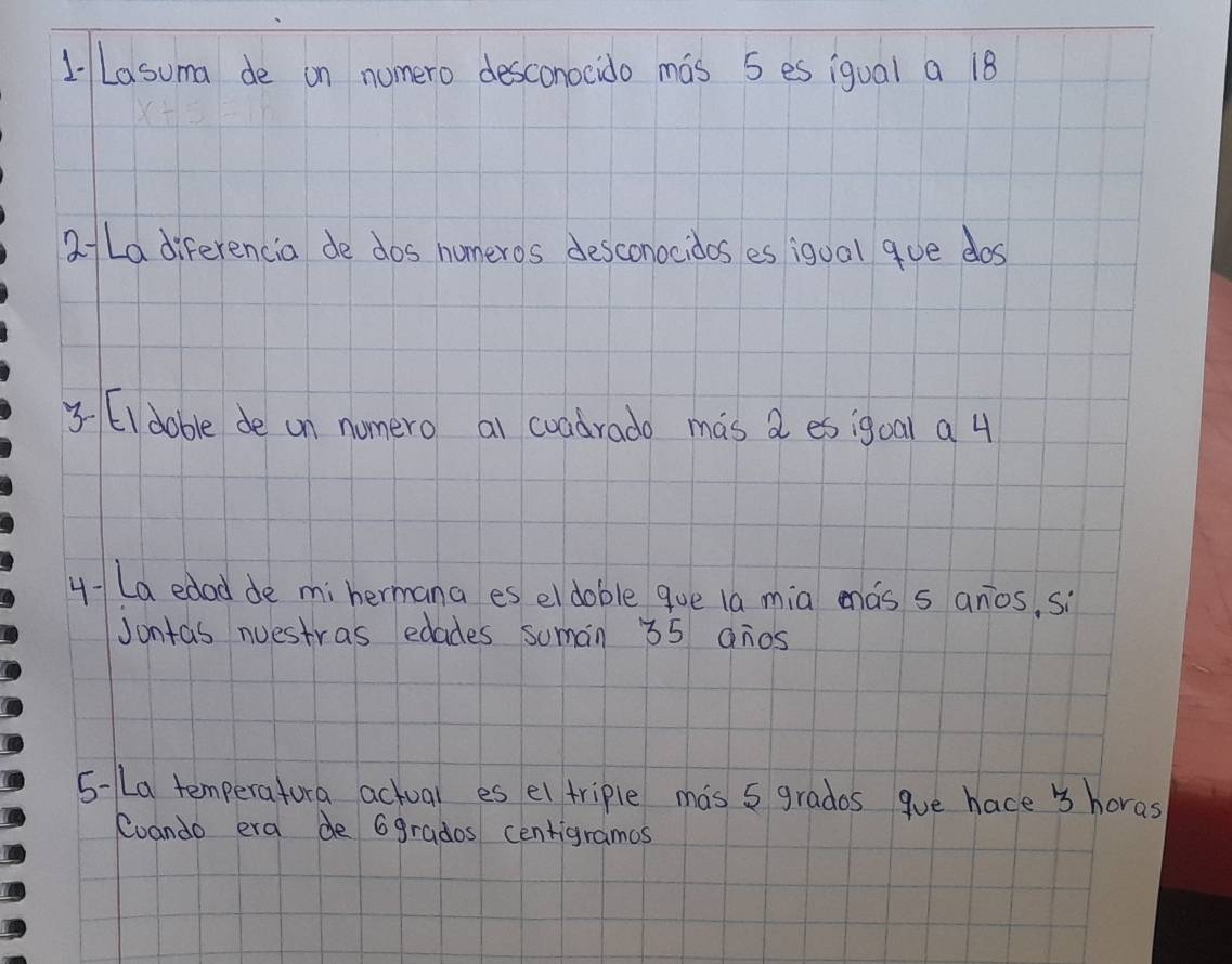 1Lasuma de on numero desconocido mas 5 es igual a 18
aLa diferencia de dos homeros desconocidos es igoal gue dos
3 EI doble de on nomero ai coadrado mas a esigoal a 4
y- La edad de mihermana es eldoble que 1a mia enás s anos, si 
Jontas nuestras edades sumain 35 anos 
5-1La temperatura actual es el triple mas 5 grados gue hace horas 
Coando era de 6grados centigrames