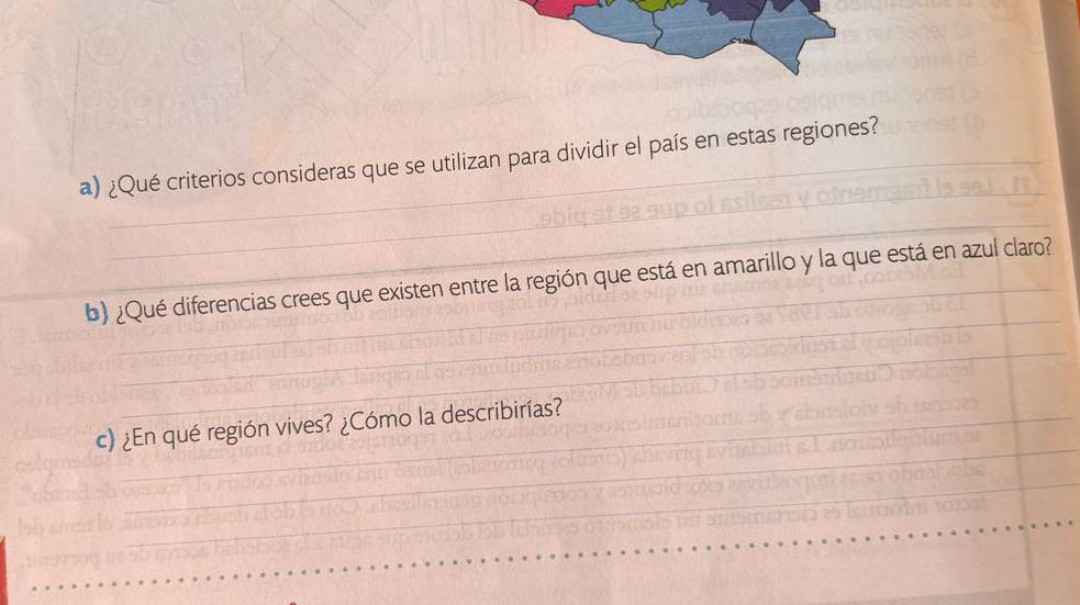 ¿Qué criterios consideras que se utilizan para dividir el país en estas regiones? 
_ 
_ 
_ 
b) ¿Qué diferencias crees que existen entre la región que está en amarillo y la que está en azul claro? 
_ 
_ 
_ 
_ 
_ 
c) ¿En qué región vives? ¿Cómo la describirías? 
_ 
_ 
_ 
_ 
_