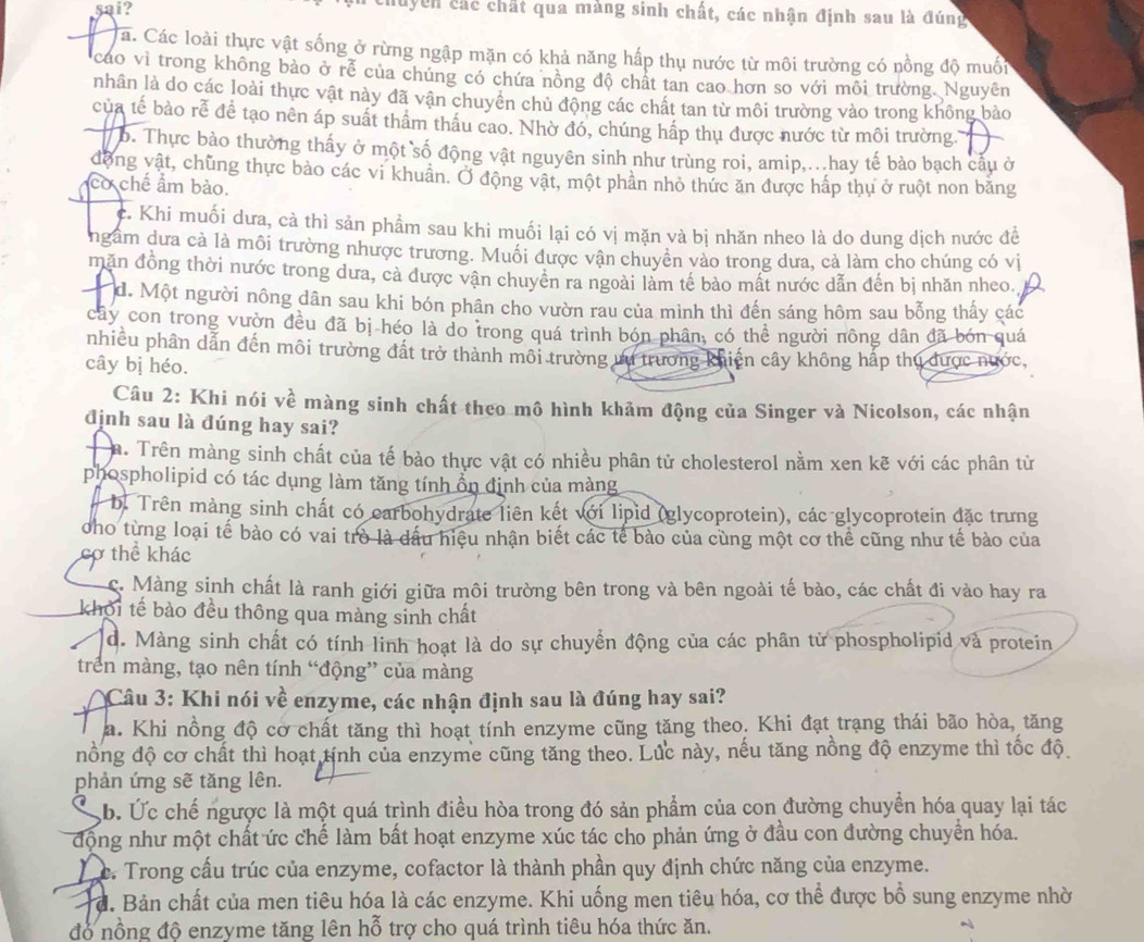 sai? lycn các chất qua màng sinh chất, các nhận định sau là đúng
Cá. Các loài thực vật sống ở rừng ngập mặn có khả năng hấp thụ nước từ môi trường có nồng độ muối
cáo vì trong không bảo ở rễ của chúng có chứa nồng độ chất tan cao hơn so với môi trường. Nguyên
nhân là do các loài thực vật này đã vận chuyên chủ động các chất tan từ môi trường vào trong không bảo
của tế bảo rễ để tạo nên áp suất thâm thầu cao. Nhờ đó, chúng hấp thụ được nước từ môi trường.
b. Thực bào thường thấy ở một số động vật nguyên sinh như trùng roi, amip,..hay tế bào bạch cầu ở
động vật, chùng thực bảo các vi khuẩn. Ở động vật, một phần nhỏ thức ăn được hấp thụ ở ruột non băng
cơ chế ẩm bào.
c. Khi muối dưa, cà thì sản phẩm sau khi muối lại có vị mặn và bị nhăn nheo là do dung dịch nước để
ngầm dưa cả là môi trường nhược trương. Muối được vận chuyên vào trong dưa, cả làm cho chúng có vị
măn đồng thời nước trong dưa, cả được vận chuyển ra ngoài làm tế bảo mất nước dẫn đến bị nhăn nheo.
d. Một người nông dân sau khi bón phân cho vườn rau của mình thì đến sáng hôm sau bỗng thấy các
cây con trong vườn đều đã bị héo là do trong quá trình bón phân, có thể người nông dân đã bón quá
nhiều phần dẫn đến môi trường đất trở thành môi trường ưu trương khiến cây không hắp thu được nước,
cây bị héo.
Câu 2: Khi nói về màng sinh chất theo mô hình khảm động của Singer và Nicolson, các nhận
định sau là đúng hay sai?
a. Trên màng sinh chất của tế bào thực vật có nhiều phân tử cholesterol nằm xen kẽ với các phân từ
phospholipid có tác dụng làm tăng tính ổn định của màng
b. Trên màng sinh chất có carbohydrate liên kết với lipid (glycoprotein), các glycoprotein đặc trưng
ơho từng loại tế bào có vai trò là dầu hiệu nhận biết các tế bào của cùng một cơ thể cũng như tế bào của
cơ thể khác
c. Màng sinh chất là ranh giới giữa môi trường bên trong và bên ngoài tế bào, các chất đi vào hay ra
khối tế bào đều thông qua màng sinh chất
d. Màng sinh chất có tính linh hoạt là do sự chuyển động của các phân từ phospholipid và protein
trên màng, tạo nên tính “động” của màng
Câu 3: Khi nói về enzyme, các nhận định sau là đúng hay sai?
a. Khi nồng độ cơ chất tăng thì hoạt tính enzyme cũng tăng theo. Khi đạt trạng thái bão hòa, tăng
nồng độ cơ chất thì hoạt tính của enzyme cũng tăng theo. Lúc này, nếu tăng nồng độ enzyme thì tốc độ
phản ứng sẽ tăng lên.
b. Ức chế ngược là một quá trình điều hòa trong đó sản phẩm của con đường chuyển hóa quay lại tác
động như một chất ức chế làm bất hoạt enzyme xúc tác cho phản ứng ở đầu con đường chuyển hóa.
c. Trong cầu trúc của enzyme, cofactor là thành phần quy định chức năng của enzyme.
a. Bản chất của men tiêu hóa là các enzyme. Khi uống men tiêu hóa, cơ thể được bổ sung enzyme nhờ
đó nồng độ enzyme tăng lên hỗ trợ cho quá trình tiêu hóa thức ăn.