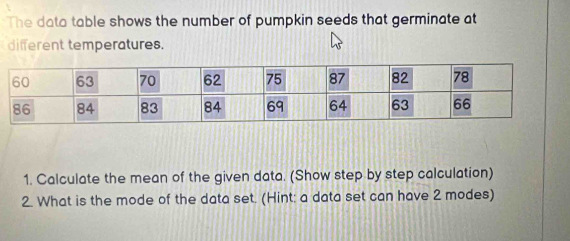 The data table shows the number of pumpkin seeds that germinate at 
different temperatures. 
1. Calculate the mean of the given data. (Show step by step calculation) 
2. What is the mode of the data set. (Hint: a data set can have 2 modes)