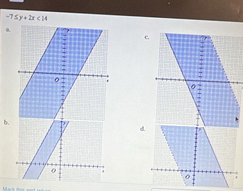 -7≤ y+2x<14</tex> 
a. 
C. 
b. 
d 
Mark this and retur