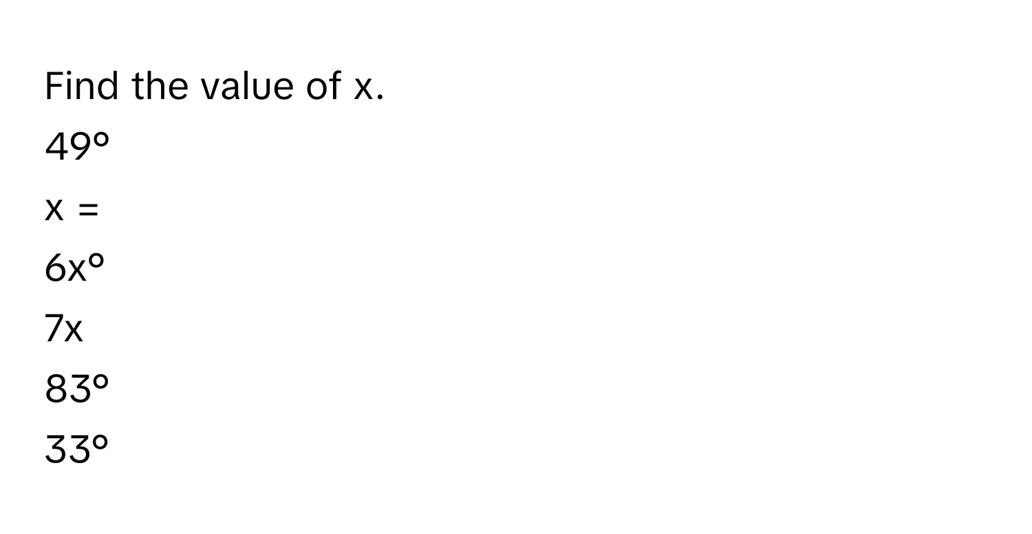 Find the value of x.
49°
x = 
6x°
7x
83°
33°