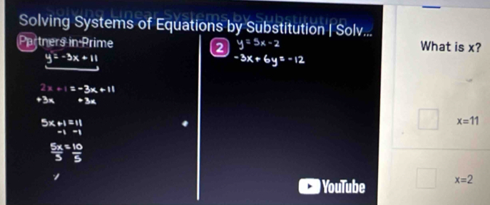 Solving Systems of Equations by Substitution | Solv... 
Partners in Prime y=5x-2 What is x?
y=-3x+11
-3x+6y=-12
2x+1=-3x+11
+3x + 3K
5x+1=11
x=11
=i=i
 5x/5 = 10/5 
YouTube
x=2