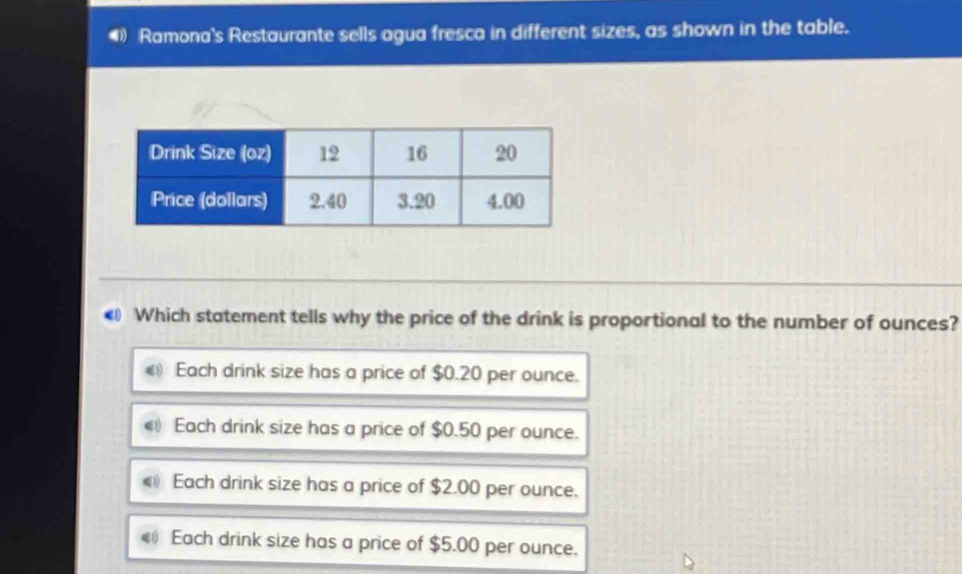 Ramona's Restaurante sells agua fresca in different sizes, as shown in the table.
€ Which statement tells why the price of the drink is proportional to the number of ounces?
《 Each drink size has a price of $0.20 per ounce.
《 Each drink size has a price of $0.50 per ounce.
Each drink size has a price of $2.00 per ounce.
《 Each drink size has a price of $5.00 per ounce.