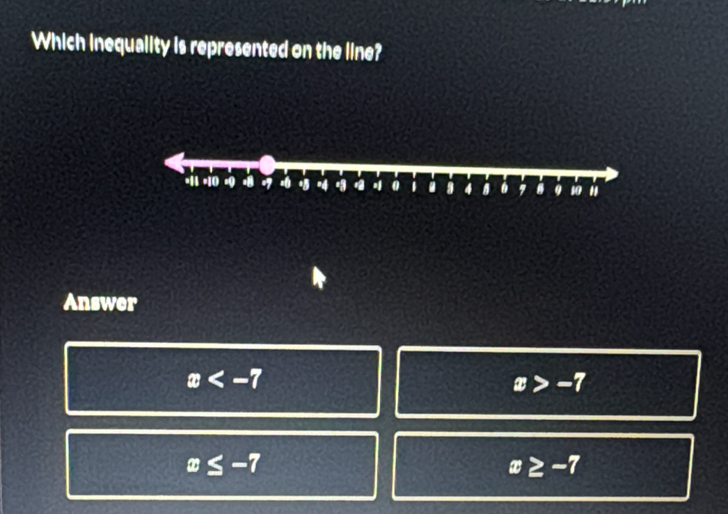 Which inequality is represented on the line?
• 14 • 10.0 . 4 0 . a 4 , B 0 1 “
Answer
x
x>-7
x≤ -7
x≥ -7