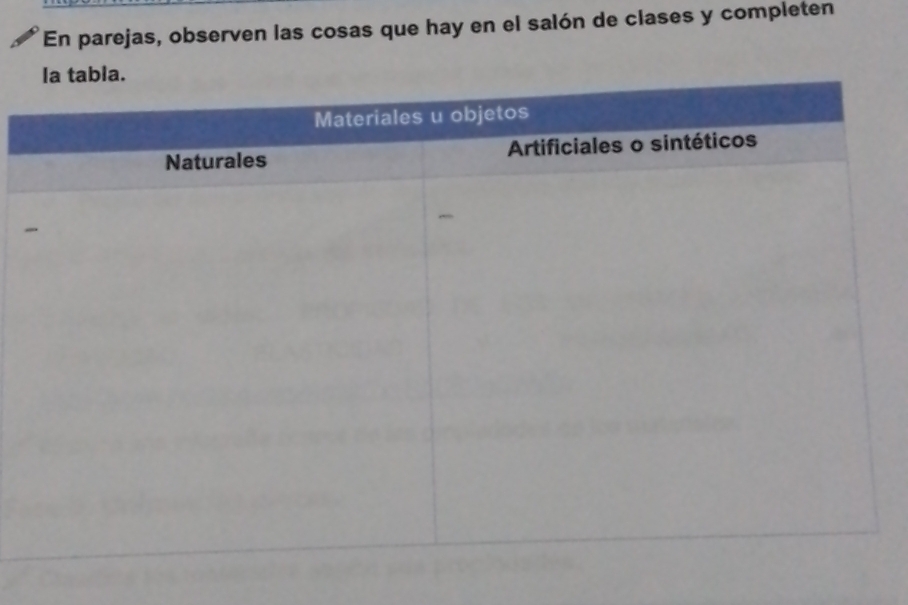 En parejas, observen las cosas que hay en el salón de clases y completen