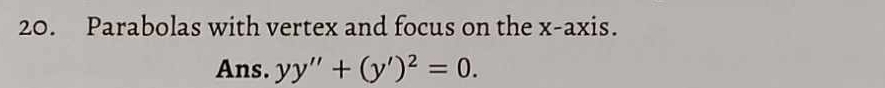 Parabolas with vertex and focus on the x-axis. 
Ans. yy''+(y')^2=0.