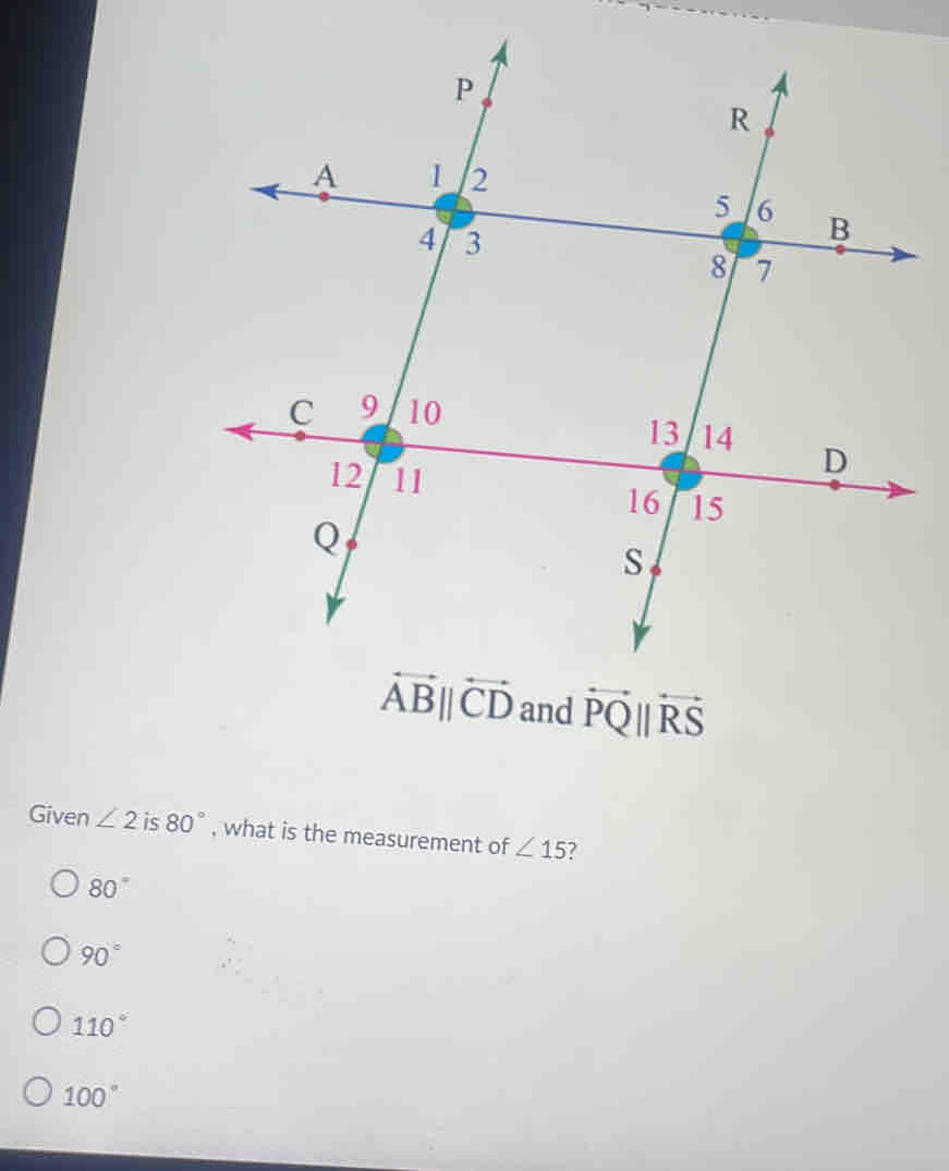 overleftrightarrow ABparallel overleftrightarrow CD and overleftrightarrow PQparallel overleftrightarrow RS
Given ∠ 2 is 80° , what is the measurement of ∠ 15 7
80°
90°
110°
100°