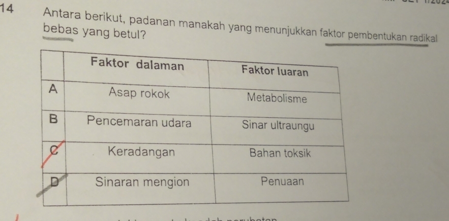 Antara berikut, padanan manakah yang menunjukkan faktor pembentukan radikal 
bebas yang betul?