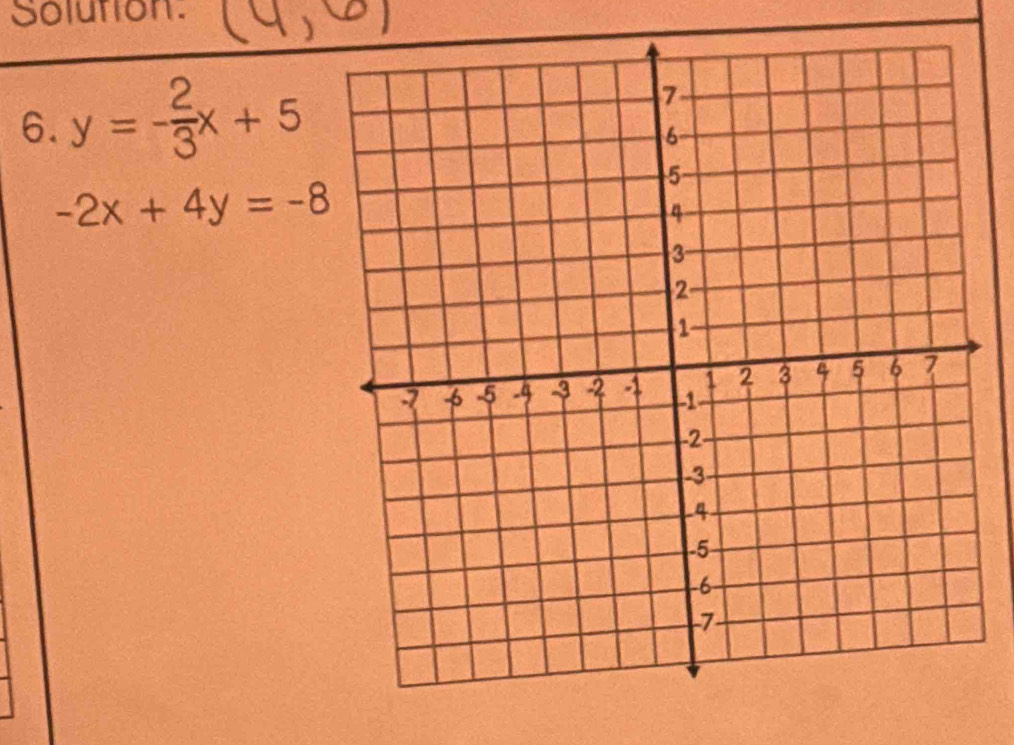 Solution.
6. y=- 2/3 x+5
-2x+4y=-8