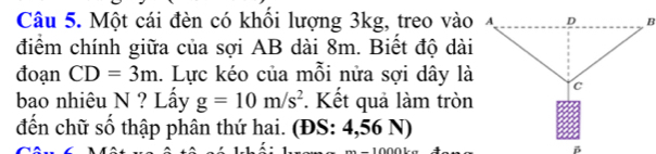 Một cái đèn có khổi lượng 3kg, treo vào 
điểm chính giữa của sợi AB dài 8m. Biết độ dài 
đoạn CD=3m. Lực kéo của mỗi nửa sợi dây là 
bao nhiêu N ? Lấy g=10m/s^2. Kết quả làm tròn 
đến chữ số thập phân thứ hai. (ĐS: 4,56 N)