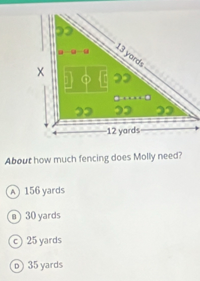 About how much fencing does Molly need?
A 156 yards
B 30 yards
c) 25 yards
D 35 yards