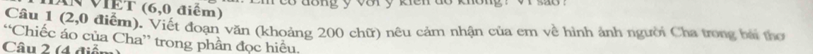 meo dong y vor y ken do khong . w sao ? 
AN VIET (6,0 điểm) 
Câu 1 (2,0 điểm). Viết đoạn văn (khoảng 200 chữ) nêu cảm nhận của em về hình ảnh người Cha trong bài thơ 
“Chiếc áo của Cha” trong phần đọc hiều. 
Câu 2 (4 điểm