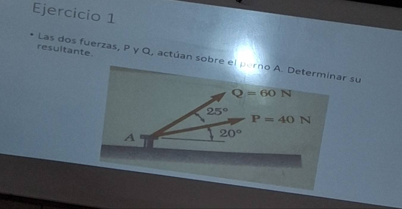 resultante. 
Las dos fuerzas, P y Q, actúan sobre el perno A. Determinar su
Q=60N
25°
P=40N
A
20°