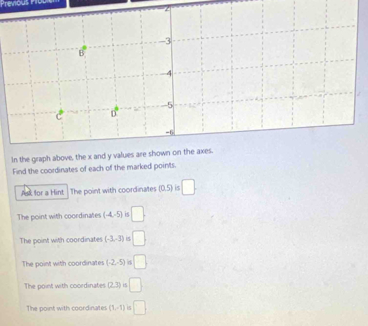 Previous PloD
In the graph above, the x and y values are shown on the axes.
Find the coordinates of each of the marked points.
Ask for a Hint The point with coordinates (0.5) is □. 
The point with coordinates (-4,-5) is □.
The point with coordinates (-3,-3) is □.
The point with coordinates (-2,-5) iS □ .
The point with coordinates (2,3) i5 □
The point with coordinates (1,-1) is □