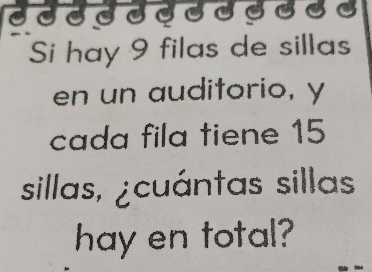 SOSSSSSSSSSS 
Si hay 9 filas de sillas 
en un auditorio, y 
cada fila tiene 15
sillas, ¿cuántas sillas 
hay en total?