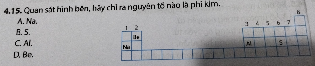 Quan sát hình bên, hãy chỉ ra nguyên tố nào là phi kim.
8
A. Na.
B. S.
C. Al.
D. Be.