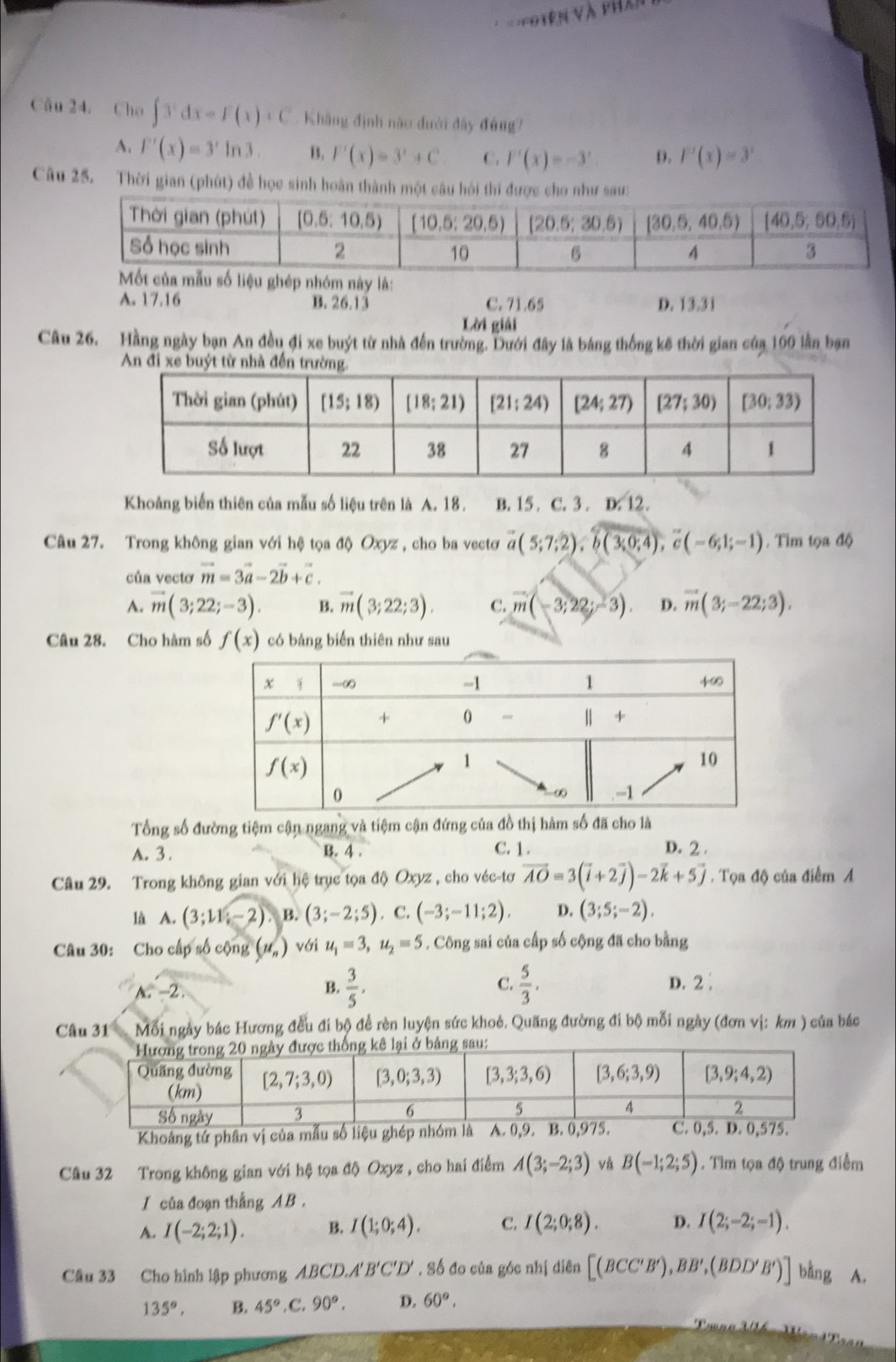 = = Piên và phản
Câu 24. Cho ∈t 3^xdx=F(x)+C Khẳng định não đưới đây đông7
A. f'(x)=3'ln 3. 1. F'(x)=3^x+C C. F'(x)=-3^x D. F'(x)=3^x
Câu 25. Thời gian (phút) đề học sinh hoàn thành m
nhóm này là:
A. 17.16 B. 26.13 C. 71.65 D. 13.31
Lời giải
Câu 26. Hầng ngày bạn An đều đi xe buýt từ nhà đến trường. Dưới đây là báng thống kế thời gian của 100 lần bạn
An đi xe b
Khoảng biển thiên của mẫu số liệu trên là A. 18. B. 15 . C. 3 . D. 12.
Câu 27. Trong không gian với hệ tọa độ Oxyz , cho ba vectơ vector a(5;7;2),vector b(3;0;4),vector c(-6;1;-1). Tim tọa độ
của vectơ vector m=3vector a-2vector b+vector c.
A. vector m(3;22;-3). B. overline m(3;22;3). C. vector m(-3;22;-3). D. overline m(3;-22;3).
Câu 28. Cho hàm số f(x) có bảng biển thiên như sau
Tổng số đường tiệm cận ngang và tiệm cận đứng của đồ thị hàm số đã cho là
A. 3 . B. 4 . C. 1 . D. 2 .
Câu 29. Trong không gian với hệ trục tọa độ Oxyz , cho véc-tơ vector AO=3(vector i+2vector j)-2vector k+5vector j. Tọa độ của điểm A
là A. (3;11-2) B. (3;-2;5). C. (-3;-11;2). D. (3;5;-2).
Câu 30: Cho cấp số cộng (u_n) với u_1=3,u_2=5. Công sai của cấp số cộng đã cho bằng
B.  3/5 ,  5/3 .
C.
A. -2: D. 2.
Câu 31 Mỗi ngày bác Hương đều đi bộ để rèn luyện sức khoẻ. Quãng đường đi bộ mỗi ngày (đơn vị: km ) của bác
Khoảng tứ phân vị của mẫu số l
Câu 32 Trong không gian với hệ tọa độ Oxyz , cho hai điểm A(3;-2;3) và B(-1;2;5). Tìm tọa độ trung điễm
I của đoạn thắng AB .
A. I(-2;2;1). B. I(1;0;4). C. I(2;0;8). D. I(2;-2;-1).
ABCD.A'B'C'D'
Câu 33 Cho hình lập phương / , Số đo của góc nhị diên [(BCC'B'),BB',(BDD'B')] bằng A.
135°, B. 45°.C.90°. D. 60°,