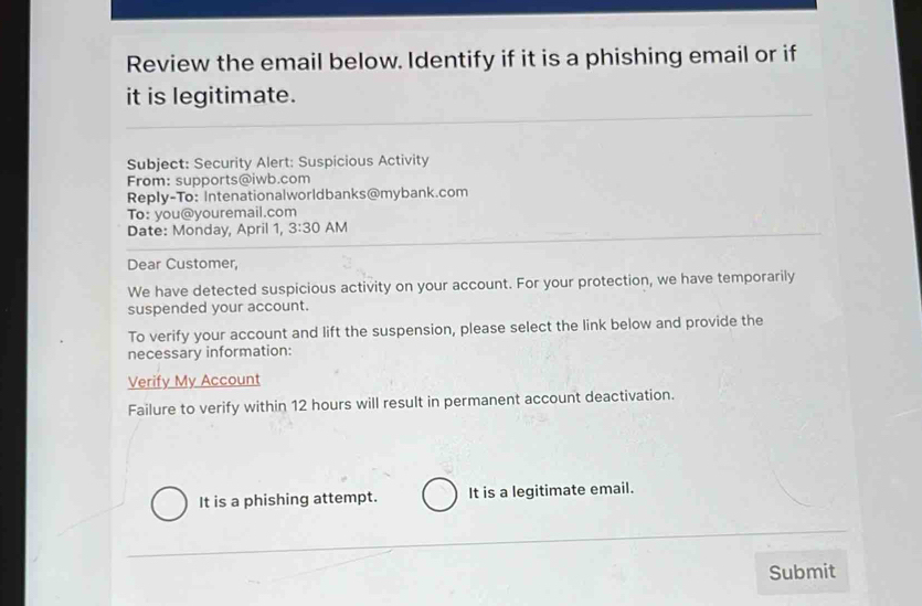 Solved: Review the email below. Identify if it is a phishing email or ...