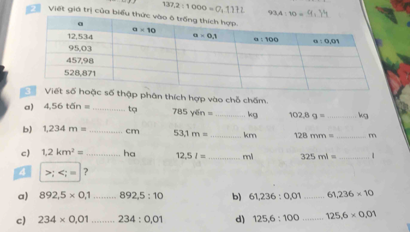 137,2:1000=□ _1
_ 93,4:10=
Viết giá trị của biểu
hân thích hợp vào chỗ chấm.
a) 4,56tdin= _tạ 785y6n= _kg 102,8g= _ kg
b) 1,234m= _cm 53,1m= _km 128mm= _m
c) 1,2km^2= _ha 12,5l= _ml 325ml= _1
4; ?
a) 892,5* 0,1 _ 892,5:10 b) 61,236:0,01 _ 61,236* 10
c) 234* 0,01 _ 234:0,01 d) 125,6:100 _ 125,6* 0,01