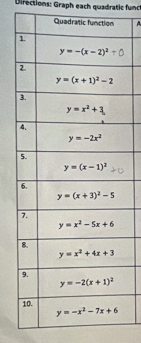 Directions: Graph each quadratic func
A