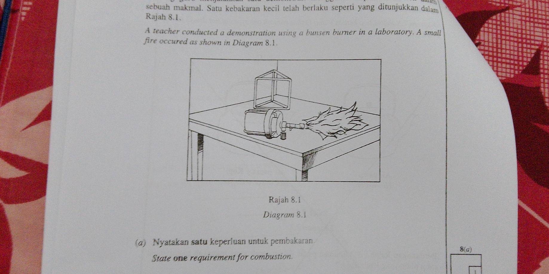 sebuah makmal. Satu kebakaran kecil telah berlaku seperti yang ditunjukkan dalam 
Rajah 8.1. 
A teacher conducted a demonstration using a bunsen burner in a laboratory. A small 
fire occured as shown in Diagram 8.1. 
Rajah 8.1 
Diagram 8.1 
(α) Nyatakan satu keperluan untuk pembakaran
8(a)
State one requirement for combustion.