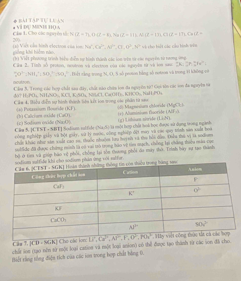 bài tập tự luận
ví dụ minh họa
Câu 1. Cho các nguyên tổ: N(Z=7),O(Z=8),Na(Z=11),Al(Z=13),Cl(Z=17),Ca(Z=
20).
(a) Viết cầu hình electron của ion: Na^+,Ca^(2+),Al^(3+),Cl^-,O^(2-),N^(3-) và cho biết các cầu hình trên
giống khí hiếm nào,
(b) Viết phương trình biểu diễn sự hình thành các ion trên từ các nguyên tử tương ứng.
Câu 2. Tính số proton, neutron và electron của các nguyên tử và ion sau: _(19)^(39)K:_(15)^(31)P:_(26)^(56)Fe^(2+);
_8^((16)O^2-);NH_4^(+;SO_3^(2-);SO_4^(2-). Biết rằng trong N, O, S số proton bằng số nơtron và trong H không có
neutron.
Câu 3. Trong các hợp chất sau dây, chất nào chứa ion đa nguyên tử? Gọi tên các ion đa nguyên tử
do?H_3)PO_4,NH_4NO_3,KCl,K_2SO_4,NH_4Cl,Ca(OH)_2,KHCO_3,NaH_2PO_4.
Câu 4. Biểu diễn sự hình thành liên kết ion trong các phân tử sau:
(a) Potassium flouride (KF). (d) Magnesium chloride (MgCl₂).
(b) Calcium oxide (CaO). (e) Aluminium fluoride ( AIF_3
(c) Sodium oxide (Na_2O). (g) Lithium nitride (Li₃N).
Câu 5. [CTST - SBT] Sodium sulfide (Na_2S) ) là một hợp chất hoá học được sử dụng trong ngành
công nghiệp giấy và bột giấy, xử lý nước, công nghiệp dệt may và các quy trình sản xuất hoá
chất khác như sản xuất cao su, thuốc nhuộm lưu huỳnh vả thu hồi dầu. Điều thú vị là sodium
sulfide đã được chứng minh là có vai trò trong bảo vệ tim mạch, chống lại chăng thiếu máu cục
bộ ở tim và giúp bảo vệ phối, chống lại tổn thương phối do máy thở. Trình bày sự tạo thành
sulfide khi cho sodium phản ứng với sulfur.
Câu 7. [CD - S
chất ion (tạo nên từ một loại cation và một loại anion) có thể được tạo thành từ c
Biết rằng tổng điện tích của các ion trong hợp chất bằng 0.