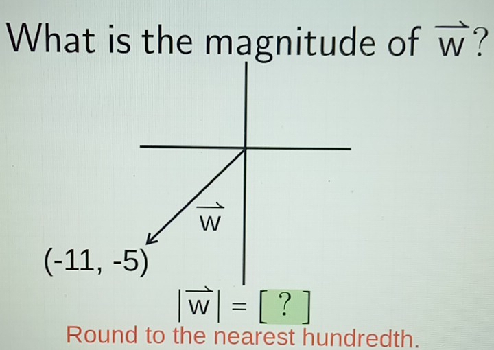 What is the magnitude of vector W ?
|vector W|= 「 : frac 
Round to the nearest hundredth.