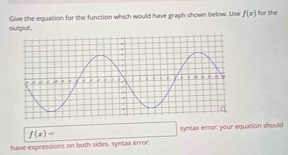 Give the equation for the function which would have graph shown below. Use f(x) for the 
output. 
syntax error: your equation should
f(x)=
have expressions on both sides. syntax error.