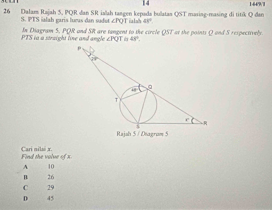 14 1449/1
26 Dalam Rajah 5, PQR dan SR ialah tangen kepada bulatan QST masing-masing di titik Q dan
S. PTS ialah garis lurus dan sudut ∠ PQT ialah 48°.
In Diagram 5, PQR and SR are tangent to the circle QST at the points Q and S respectively.
PTS ia a straight line and angle ∠ PQT is 48°.
Rajah 5 / Diagram 5
Cari nilai x.
Find the value of x.
A 10
B 26
C 29
D 45