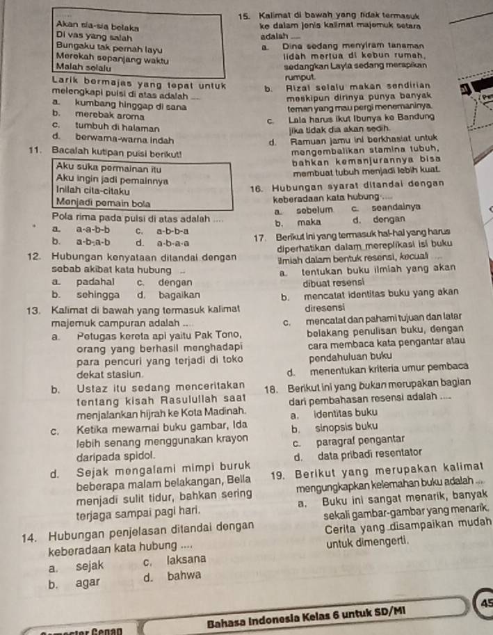 Kalimat di bawah yang fidak termasuk
Akan sía-sía belaka
ke dalam jonis kalimat majomuk setara
Di vas yang salah
adalsh_
Bungaku tak pernah layu
Dina sodang menyiram tanaman
Merekah sepanjang waktu
lidah mertua di kebun rumah.
Malah solalu sedangkan Layla sedang merapikan
rumput.
Larik bormajas yang tepal untuk b. Alzal selalu makan sendirian
melengkapi puisi di atas adalah_
moskipun dirinya punya banyak
a. kumbang hinggap di sana
teman yang mau pergi menemaninya.
b. merebak aroma
c. Lala harus ikut Ibunya ke Bandung
c. tumbuh di halaman
jika tidak dia akan sed h.
d. berwama-warna indah
d. Ramuan jamu ini berkhasiat untuk
11. Bacalah kutipan puisi berikut!
mengembalikan stamina lubuh.
bahkan kemanjurannya bisa
Aku suka permainan itu
membuat tubuh menjadi lebih kuat.
Aku ingin jadi pemainnya
Inilah cita-citaku
16. Hubungan syarat ditandal dengan
Menjadi pemain bola
keberadaan kata hubung
a sebelum
Pola rima pada pulsi di atas adalah .... b. maka c. seandainya
d. dengan
a. a· a· b-b C. a· b· b· a
b. a-b-a-b d. a· b· a· a
17. Berikut ini yang termasuk ha!-hal yang harus
12. Hubungan kenyataan dilandai dengan diperhatikan dalam mereplikasi isí buku
ilmiah dalam bentuk resensi, kecual
sebab akibat kata hubung .
a tentukan buku ilmiah yang akan
a. padahal c. dengan dibuat resensi
b. sehingga d, bagaikan b. mencatat identitas buku yang akan
13. Kalimat di bawah yang termasuk kalimat diresensi
majemuk campuran adalah c. mencatat dan pahami tujuan dan latar
a. Petugas kereta api yaitu Pak Tono, belakang penulisan buku, dengan
orang yang berhasil menghadapi cara membaca kata pengantar atau
para pencuri yang terjadi di toko pendahuluan buku
dekat stasiun d. menentukan kritería umur pembaca
b. Ustaz itu sedang menceritakan 18. Berikut ini yang bukan morupakan bagian
tentang kisah Rasulullah saat
menjalankan hijrah ke Kota Madinah. dari pembahasan resensi adalah ....
c. Ketika mewarnai buku gambar, Ida a. identitas buku
lebih senang menggunakan krayon b. sinopsis buku
daripada spidol. c. paragral pengantar
d. Sejak mengalami mimpi buruk d. data pribadi resentator
beberapa malam belakangan, Bella 19. Berikut yang merupakan kalimat
menjadi sulit tidur, bahkan sering mengungkapkan kelemahan buku adalah 
terjaga sampai pagi hari. a. Buku ini sangat menarik, banyak
14. Hubungan penjelasan ditandai dengan sekali gambar-gambar yang menark.
keberadaan kata hubung .... Cerita yang disampaikan mudah
untuk dimengerti.
a. sejak c. laksana
b. agar d. bahwa
45
Bahasa Indonesia Kelas 6 untuk SD/MI
ec ter Čenán