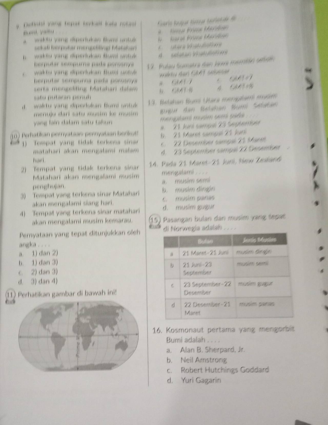 Definisi vang tepat terkait kala rotasi  Ears bujur timur taieti d
Bumi, vaitu
*  Tmúr fírime Mérdián
a.  waktu yang diperiukan Bumi untuk hara frime Merdian
sekali berputar mengellingi Matshan  E   ara Vat  at  a 
h  wak tu y ang diperiukan Bumi  untuk 4   selatan Vnatulstin a
berputar sempurna pada porosnya 12. Pulau Sumaurs den Jaurs memilé sétaé
.  waktu yang diperiukan Bumi untuk 
berputar sempurna pada porosnya CAAI=
GMH=7
serta mengeliling Matahari dalam  CK   4 GM⊥ OB
satu putaran penuh 
d.  waktu vang diperlukan Bumi untuk 13. Belahan Bumi Utara mengalaml mui
menuju dari satu musim ke musim  Bur den Behühan Bul Sélatan
yang lain dalam satu tahun menglsm musim sem pada .
a. 21. Juni sampal 23 September
10 )  Perhatikan pernyataan-pernyataan berku b. 21 Maret sampal 21 Juni
1) Tempat yang tidak terkena sinar 6  22 Desember sampal 21 Maret
matahari akan mengalami malam d. 23 September sampal 22 Desemfber
hari.
2) Tempat yang tidak terkena sinar 14. Pada 21 Maret-21 Juni, Nlew Zesland
Matahari akan mengalami musim mengalami .. . .
penghujan.   musim semi
3) Tempat yang terkena sinar Matahari b. musim dìngin
c. musim panas
akan mengalami siang hari.
4) Tempat yang terkena sinar matahari d. musim gugu
akan mengalami musim kemarau. (15) Pasangan bulan dan musim yang tepat
Pernyataan yang tepat ditunjukkan oleh di Norwegia adalsh . . . .
angka . . . .
a. 1) dan 2)
b. 1) dan 3)
c. 2) dan 3)
d. 3) dan 4)
(11) Perhatikan gambar di bawah ini! 
e
16. Kosmonaut pertama yang mengorbit
Bumi adalah ... .
a. Alan B. Sherpard, Jr.
b. Neil Amstrong
c. Robert Hutchings Goddard
d. Yuri Gagarin