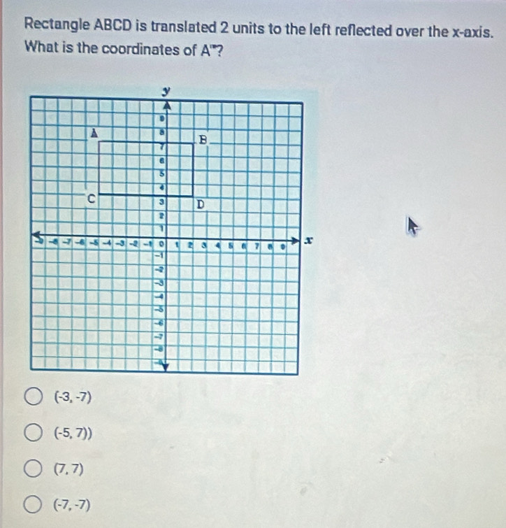 Rectangle ABCD is translated 2 units to the left reflected over the x-axis.
What is the coordinates of A'' ?
(-3,-7)
(-5,7))
(7,7)
(-7,-7)