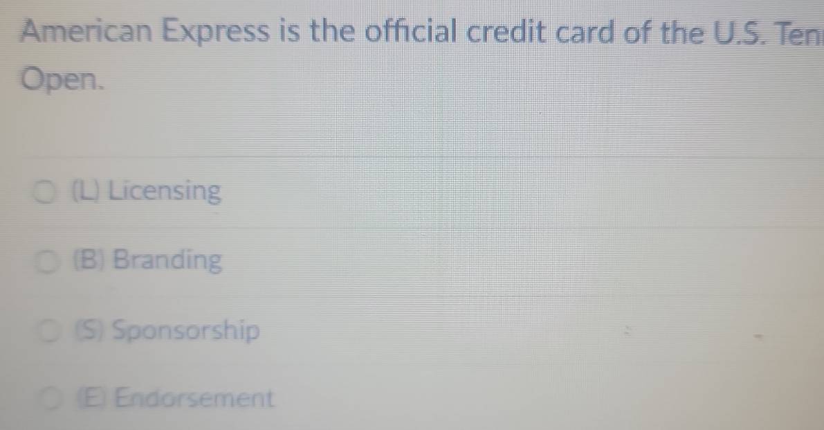 American Express is the official credit card of the U.S. Ten
Open.
(L) Licensing
(B) Branding
(S) Sponsorship
E Endorsement