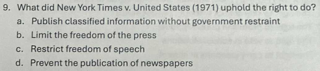 What did New York Times v. United States (1971) uphold the right to do?
a. Publish classified information without government restraint
b. Limit the freedom of the press
c. Restrict freedom of speech
d. Prevent the publication of newspapers