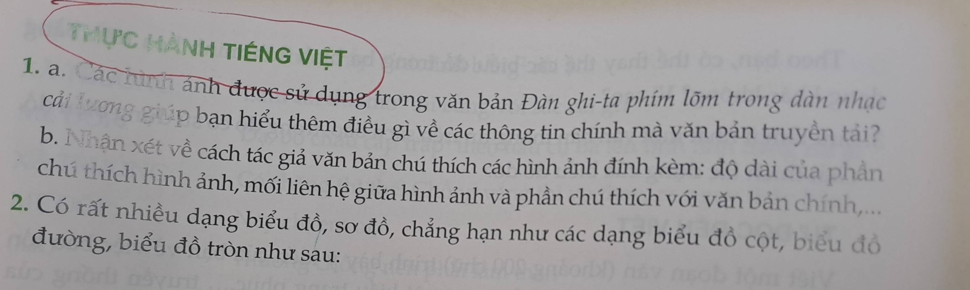 Thực Hành tiéng Việt 
1. a. Các hình ảnh được sử dụng trong văn bản Đàn ghi-ta phím lõm trong dàn nhạc 
cải lương giúp bạn hiểu thêm điều gì về các thông tin chính mà văn bản truyền tái? 
b. Nhận xét về cách tác giả văn bản chú thích các hình ảnh đính kèm: độ dài của phản 
chú thích hình ảnh, mối liên hệ giữa hình ảnh và phần chú thích với văn bản chính,... 
2. Có rất nhiều dạng biểu đồ, sơ đồ, chẳng hạn như các dạng biểu đồ cột, biểu đó 
đường, biểu đồ tròn như sau: