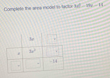 Complete the area model to factor 3x^2-19x-14.