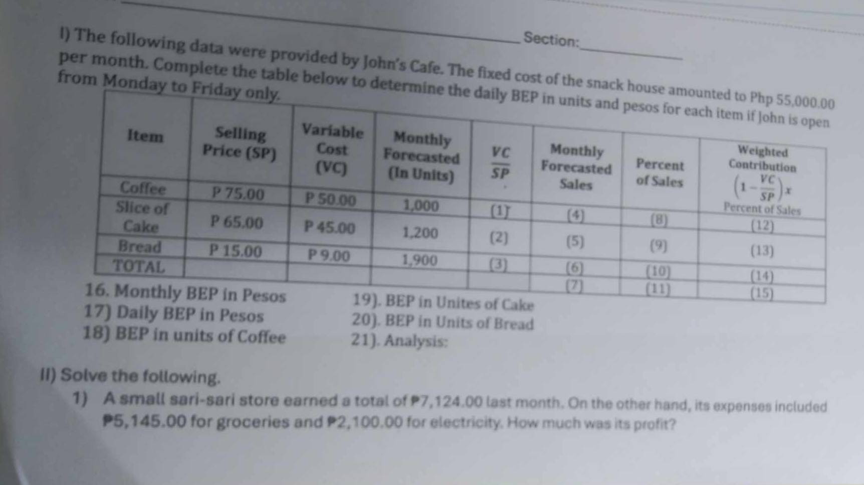 The following data were provided by John’s Cafe. The fixed cost of the sn
from Mon per month. Complete the table below to 
17) Daily BEP in Pesos 20). BEP in Units of Bread
18) BEP in units of Coffee 21). Analysis:
II) Solve the following.
1) A small sari-sari store earned a total of P7,124.00 last month. On the other hand, its expenses included
P5,145.00 for groceries and P2,100.00 for electricity. How much was its profit?