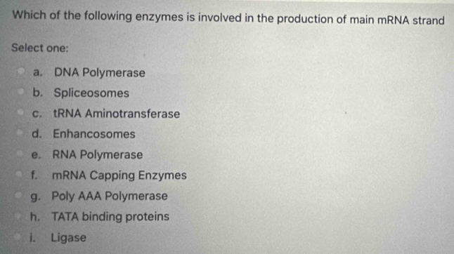 Which of the following enzymes is involved in the production of main mRNA strand
Select one:
a. DNA Polymerase
b. Spliceosomes
c. tRNA Aminotransferase
d. Enhancosomes
e. RNA Polymerase
f. mRNA Capping Enzymes
g. Poly AAA Polymerase
h. TATA binding proteins
i. Ligase