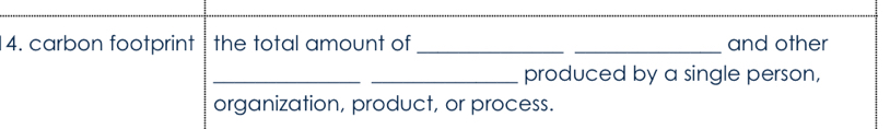 carbon footprint the total amount of __and other 
_ 
_produced by a single person, 
organization, product, or process.