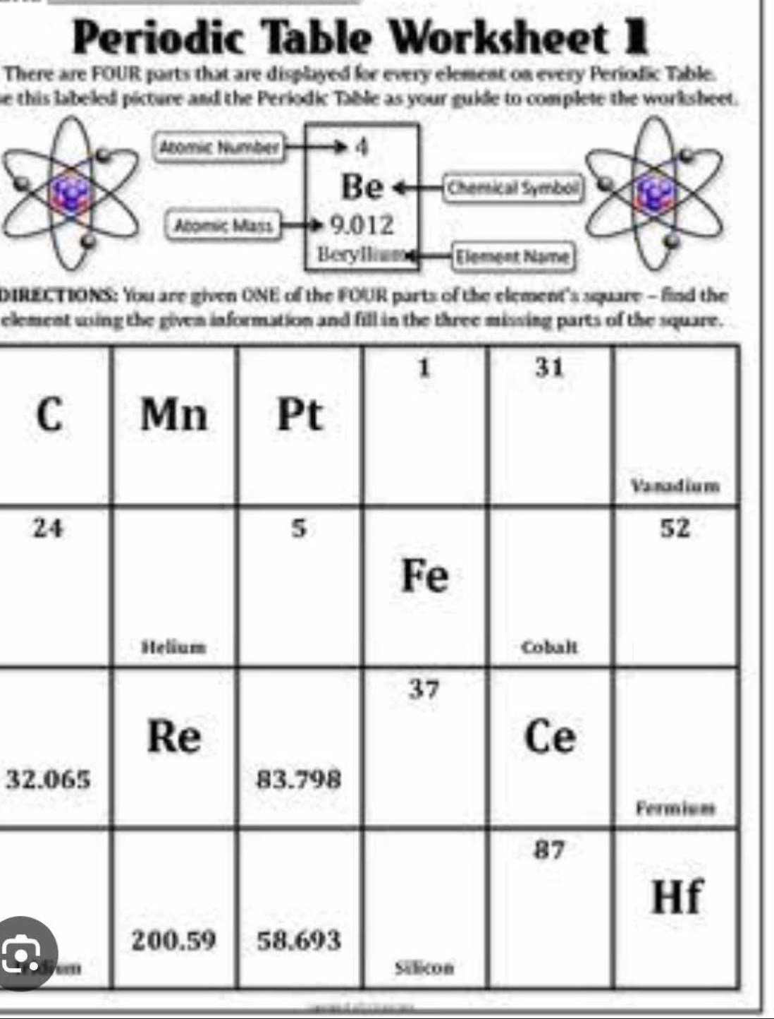 Periodic Table Worksheet 1 
There are FOUR parts that are displayed for every element on every Periodic Table. 
he this labeled picture and the Periodic Table as your guide to complete the worksheet. 
DIRECTIONS: You are given ONE of the FOUR parts of the element's square - find the 
elem 
2
32